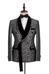 Black Classy Silver Leopard Jacquard Men's Suit Shawl Lapel Double Breasted Wedding Suit for Formal