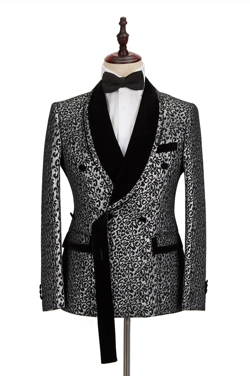 Black Classy Silver Leopard Jacquard Men's Suit Shawl Lapel Double Breasted Wedding Suit for Formal