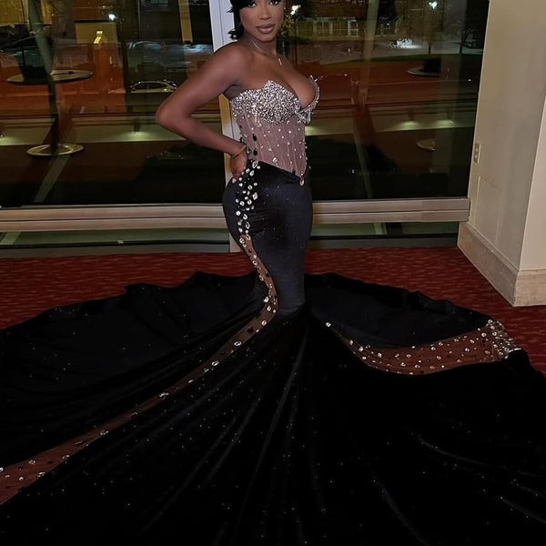 Black Court Train Beaded Sweetheart Sparkle Long Prom Dresses