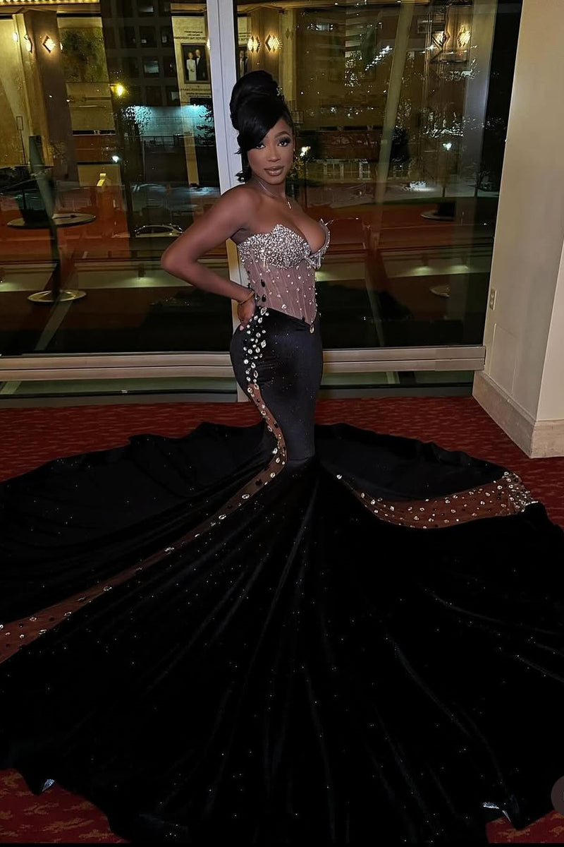 Black Court Train Beaded Sweetheart Sparkle Long Prom Dresses
