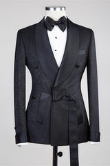 Ballbella is your ultimate source for Black Double Breasted Shawl Lapel Jacuqard Wedding Suit. Our Black Shawl Lapel wedding groomsmen suits come in Bespoke styles &amp; colors with high quality and free shipping.