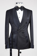 Ballbella is your ultimate source for Black Double Breasted Shawl Lapel Jacuqard Wedding Suit. Our Black Shawl Lapel wedding groomsmen suits come in Bespoke styles &amp; colors with high quality and free shipping.