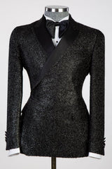 Black Frosted Side One-Button Men's Suit with Satin Lapel-Ballbella