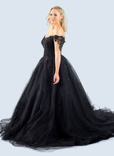 Black Gothic Ball-Gown Off-The-Shoulder Tulle Prom Dresses Featuring Appliques Lace-Ballbella