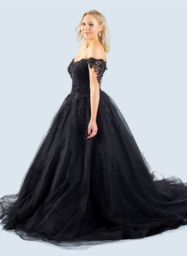 Black Gothic Ball-Gown Off-The-Shoulder Tulle Prom Dresses Featuring Appliques Lace-Ballbella