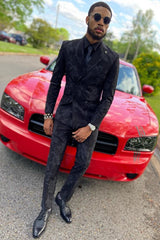 Black Jacquard Peaked Lapel Double-Breasted Prom Suit-Ballbella