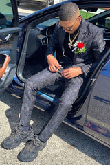 Black Jacquard Peaked Lapel Prom Suit-Ballbella