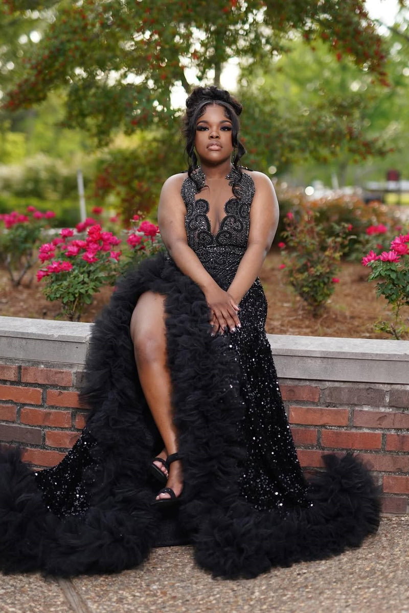 Black Keyhole Feathers High Split Mermaid Sequin Prom Dresses Black Keyhole Feathers High Split Mermaid Sequin Prom Dresses