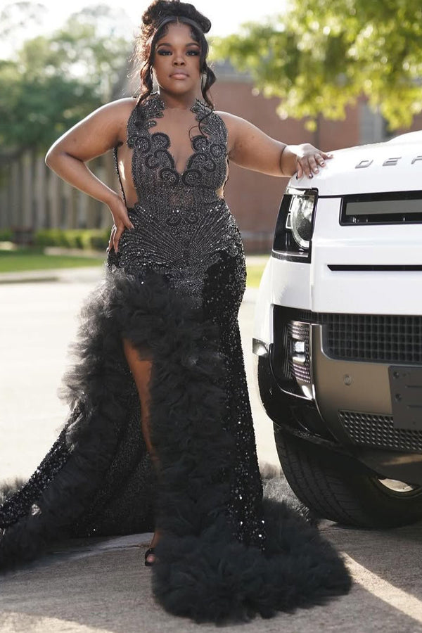 Black Keyhole Feathers High Split Mermaid Sequin Prom Dresses Ballbella Black Keyhole Feathers High Split Mermaid Sequin Prom Dresses Ballbella
