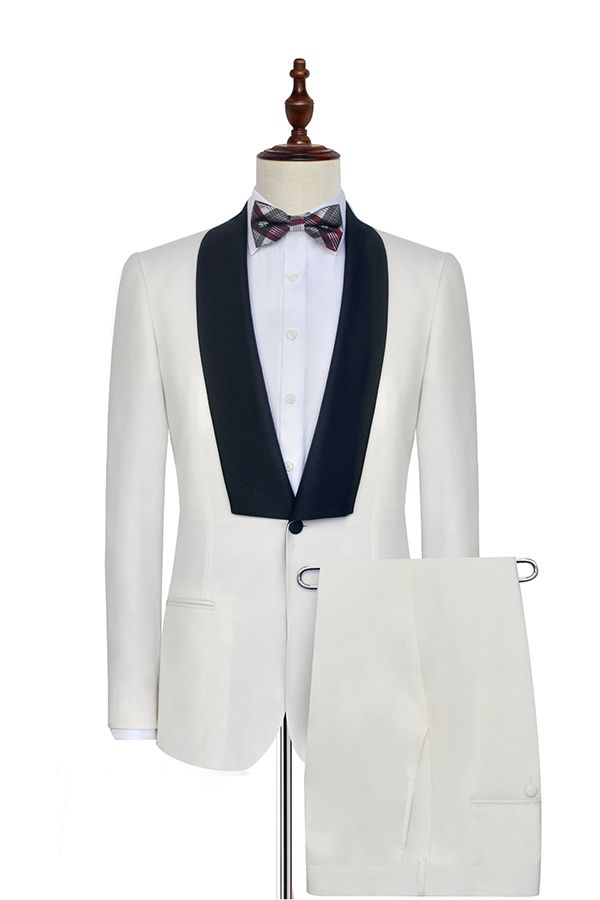 Black Knife Collar Classic White Wedding Suits for Men One Button Wedding Tuxedos