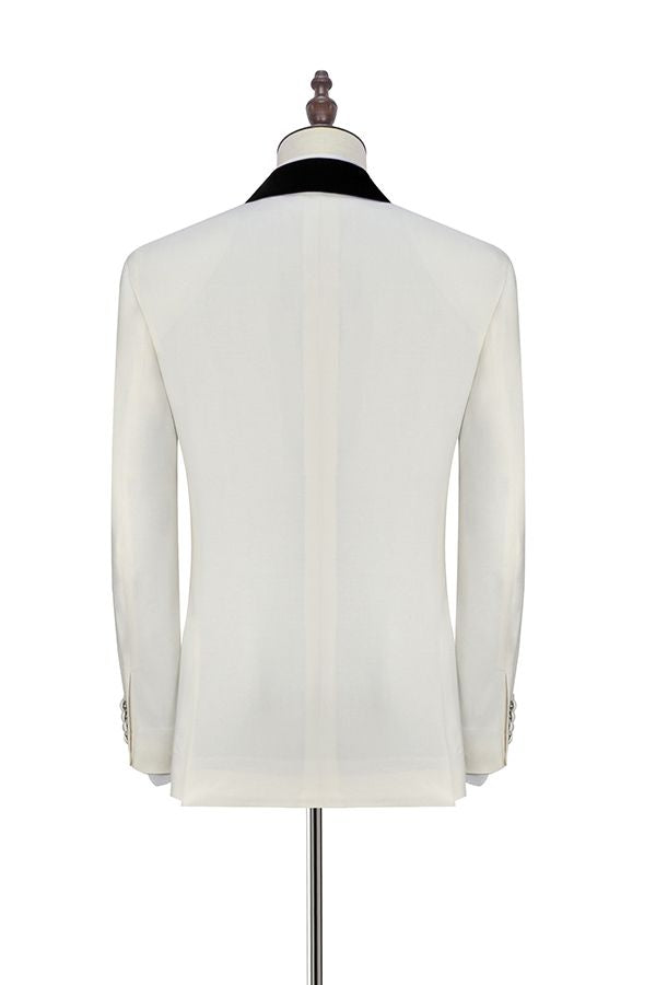 Black Knife Collar Well-cut White Wedding Suits for Men One Button Wedding Tuxedos-Ballbella