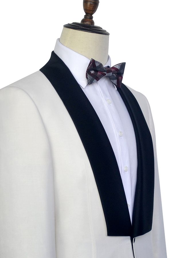 This Black Knife Collar Well-cut White Wedding Suits for Men, One Button Wedding Tuxedos at Ballbella comes in all sizes for prom, wedding and business. Shop an amazing selection of Shawl Lapel Single Breasted White mens suits in cheap price.