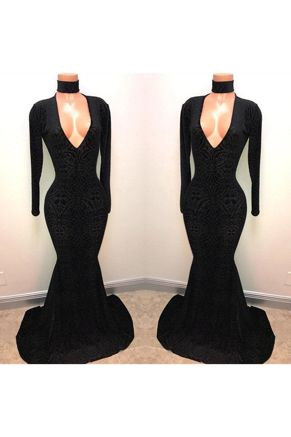 Black Lace V-Neck Prom Party Gowns| Mermaid Long-Sleeve Evening Gowns-Ballbella