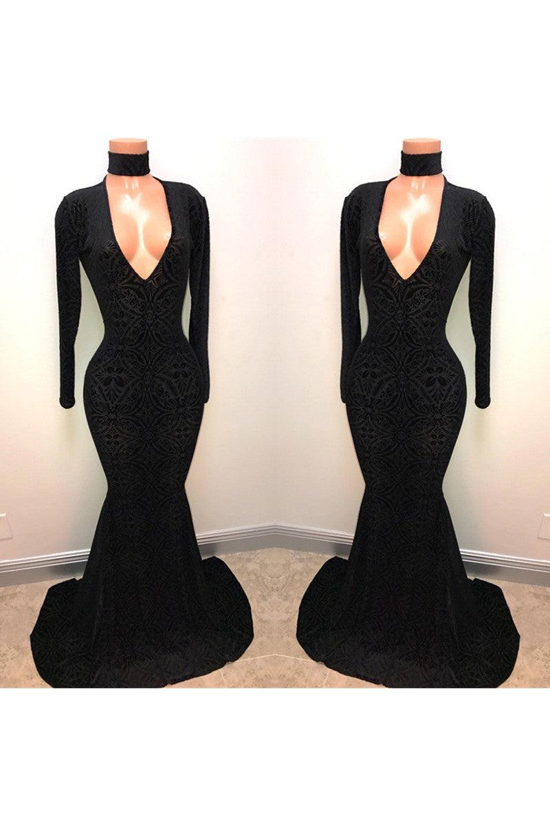 Black Lace V-Neck Prom Party Gowns| Mermaid Long-Sleeve Evening Gowns-Ballbella