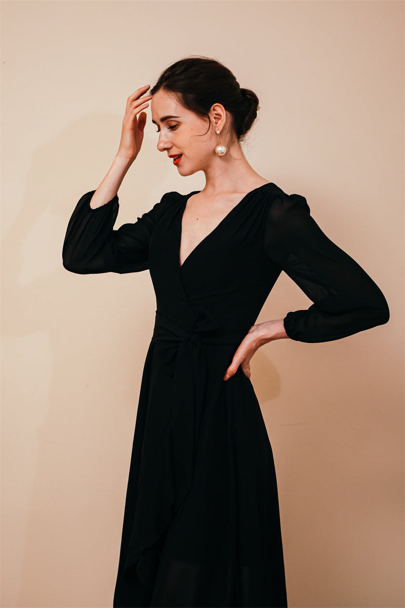 Black Long sleeves High low Chiffon Evening Dress, Black / US2 Black Long sleeves High low Chiffon Evening Dress, Black / US2