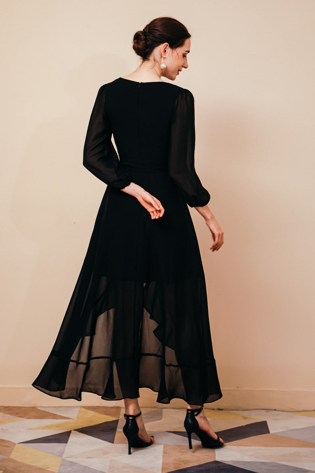 Black Long sleeves High low Chiffon Evening Dress, Black / US2 Black Long sleeves High low Chiffon Evening Dress, Black / US2