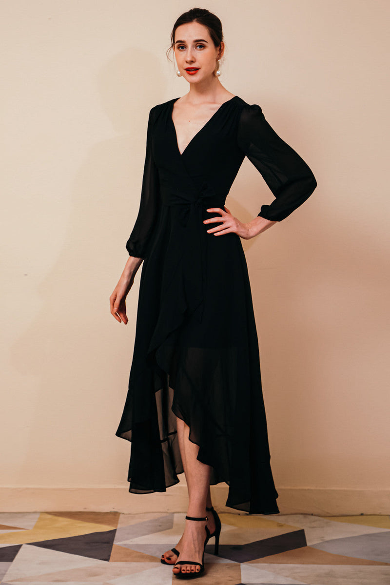 Black Long sleeves High low Chiffon Evening Dress, Black / US2