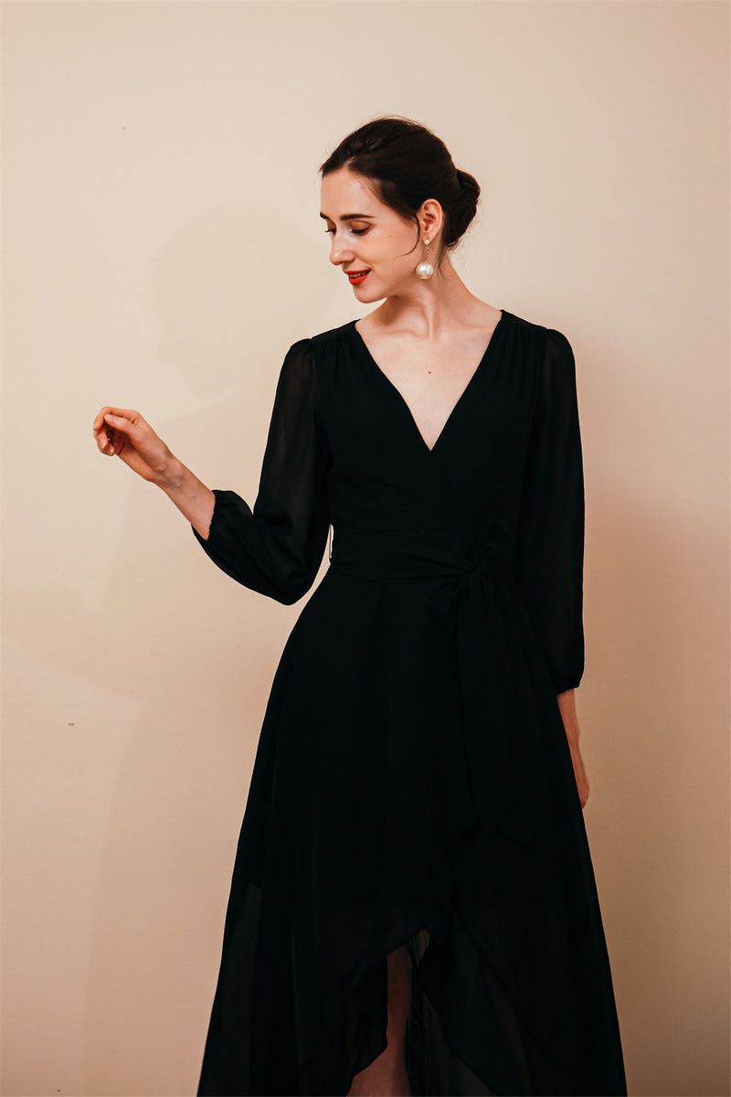 Black Long sleeves High low Chiffon Evening Dress-Ballbella