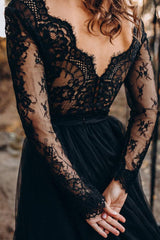 Black Long Sleeves Lace Evening Dress Tulle Party Gowns-Ballbella