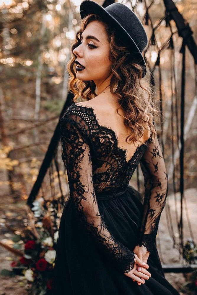 Black Long Sleeves Lace Evening Dress Tulle Party Gowns-Ballbella