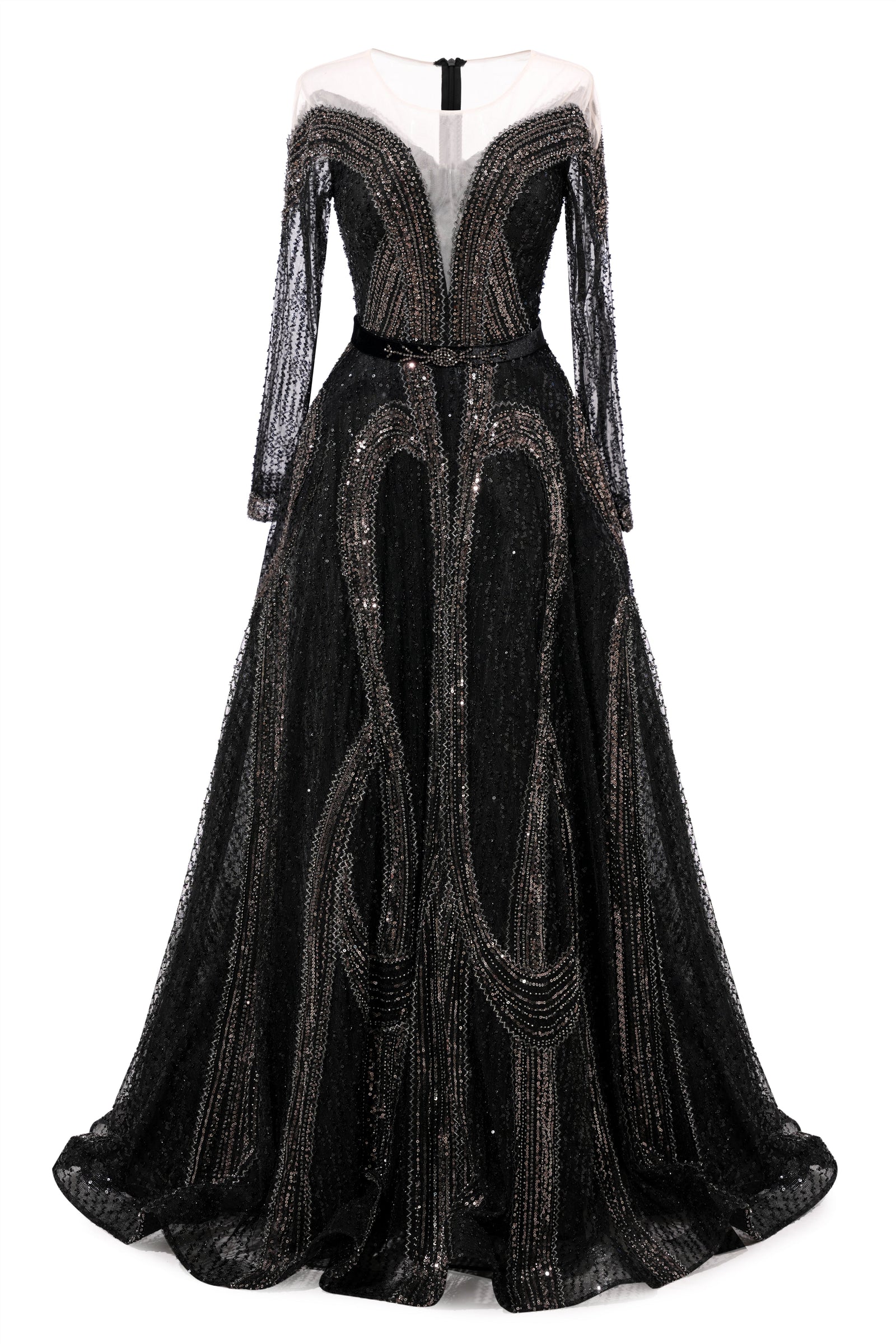 strapless open back dress Black Long sleeves V-neck Luxury Sparkle Princess Evening Dresses –  Ballbella