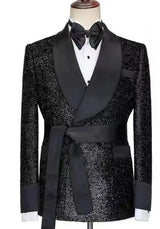 Black Men¡¯s Wedding Suit with Satin Shawl Lapel and Belt-Ballbella