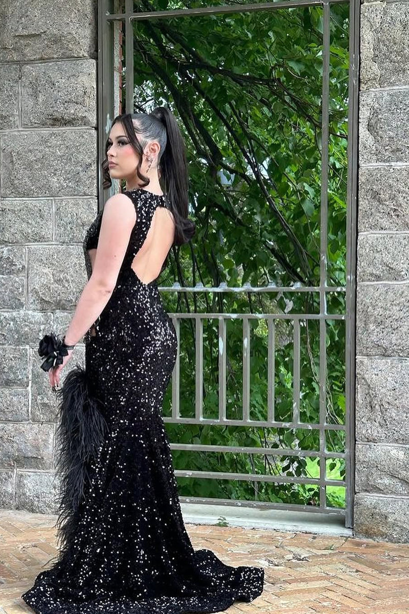 Black Open Back Sleeveless High Split Sequin Long Prom Dresses Black Open Back Sleeveless High Split Sequin Long Prom Dresses