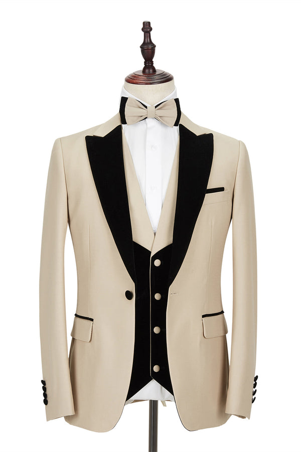 Black Peak Lapel Champagne Wedding Suit Velvet Banding Edge Formal Suit for Men-Ballbella