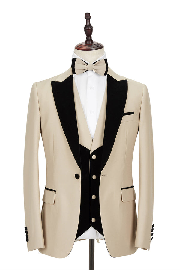 Black Peak Lapel Champagne Wedding Suit Velvet Banding Edge Formal Suit for Men