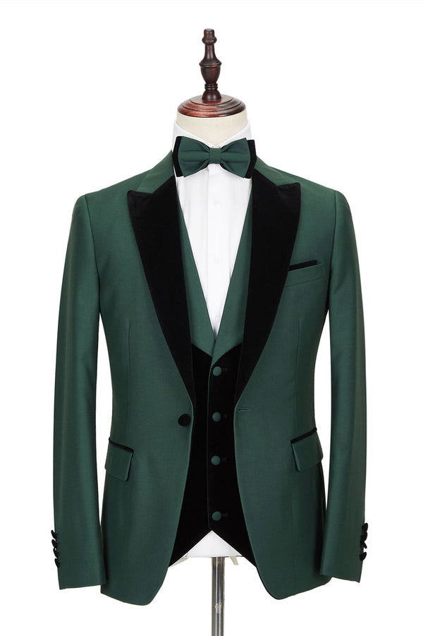 Black Peak Lapel Dark Green Men's Wedding Suit Velvet Banding Edge Formal Suit-Ballbella