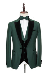 Black Peak Lapel Dark Green Men's Wedding Suit Velvet Banding Edge Formal Suit