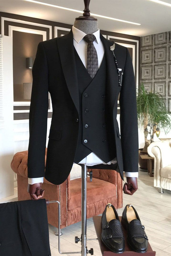 Black Peaked Lapel Classy Slim Fit Men Suits-Ballbella