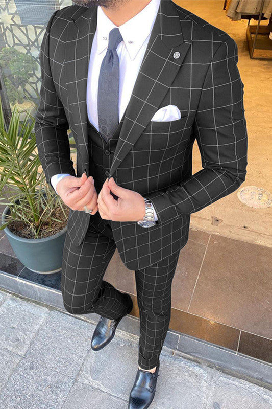 Black Plaid Peaked Lapel Three-Pieces Men Suits-Ballbella