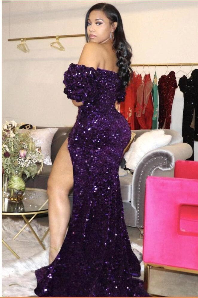 Black Plunging V neck Off the shoulder Knee length Mermaid Prom Dress-Ballbella
