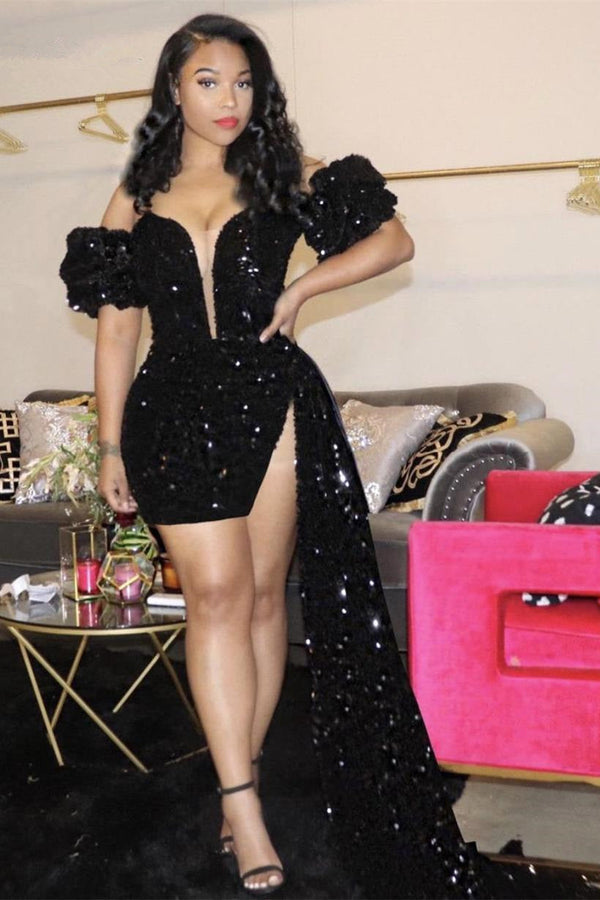 Black Plunging V neck Off the shoulder Knee length Mermaid Prom Dress-Ballbella