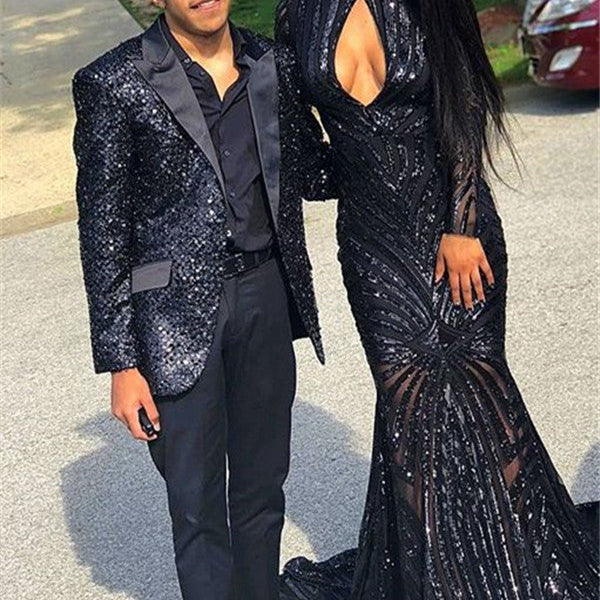 Black Sequins Men Suit Online Classy Peak Lapel Two Piece Prom Outfits –  Ballbella