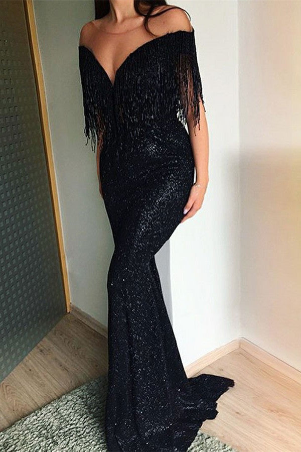 Still not know where to get your event dresses online? Ballbella offer you Black Sequins Mermaid Evening Gowns Tassels Sweep-Train Long Prom Dresses at factory price,  fast delivery worldwide.