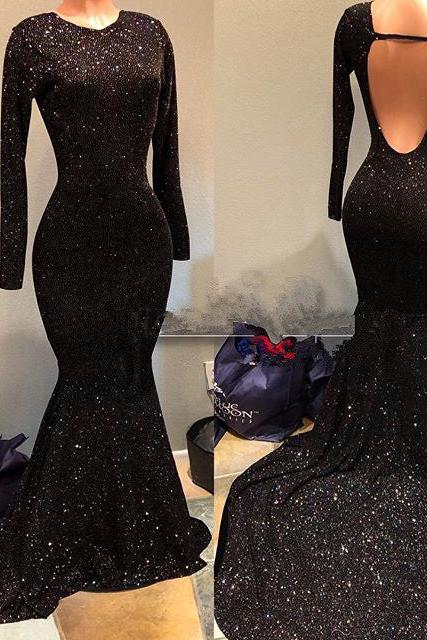 Black Sequins Prom Party Gowns| Long Sleeves Evening Gowns On Sale-Ballbella