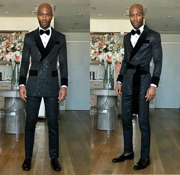 Black Shawl Lapel Double Breasted Slim Fit Wedding Groom Suits-Ballbella