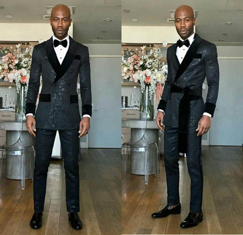 Black Shawl Lapel Double Breasted Slim Fit Wedding Groom Suits-Ballbella