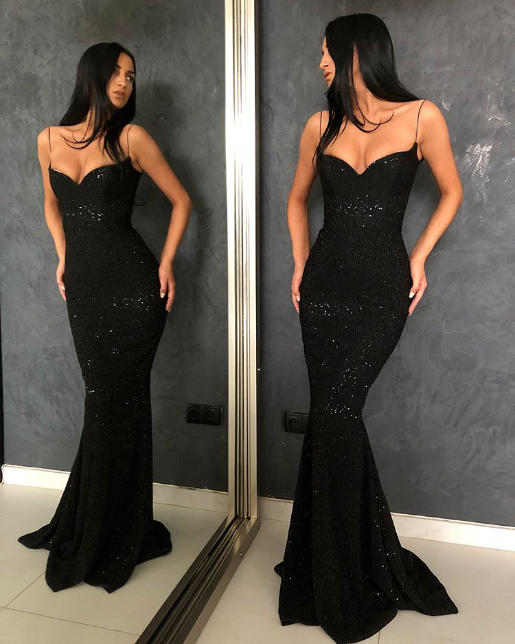 Ballbella offers all kinds of cheap Spaghetti Straps evening dresses online,  sort by color,  neckline or fabric. Discover more styles Black Sheath Spaghetti Straps Open Back Sequins Prom Dresses that will match you preferctly now.