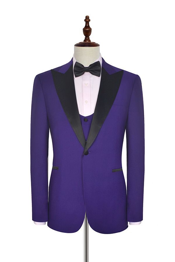 Black Silk Peak Lapel Three Piece Wedding Tuxedos Mens Suits with Vest for Prom-Ballbella