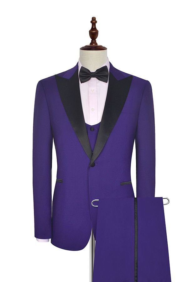 Black Silk Peak Lapel Three Piece Wedding Tuxedos Mens Suits with Vest for Prom-Ballbella