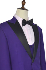 Black Silk Peak Lapel Three Piece Wedding Tuxedos Mens Suits with Vest for Prom-Ballbella