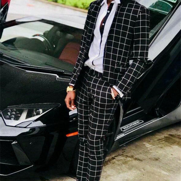 Black Slim Fit Men Suits Plaid Prom Suit
