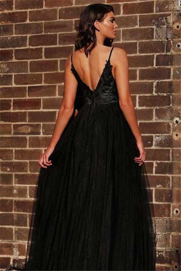 Black Spaghetti Straps Open Back Evening Gowns Chic Sleeveless Backless V-neck Formal Dresses With Slit-Ballbella