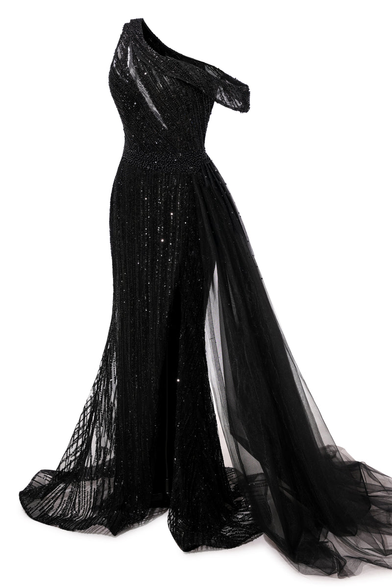 Black Sparkle One shoulder Court Train Evening Dresses Ballbella Black Sparkle One shoulder Court Train Evening Dresses Ballbella