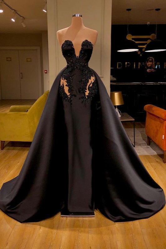 Black Sweetheart Overskirt Long Evening Gowns With Appliques-Ballbella