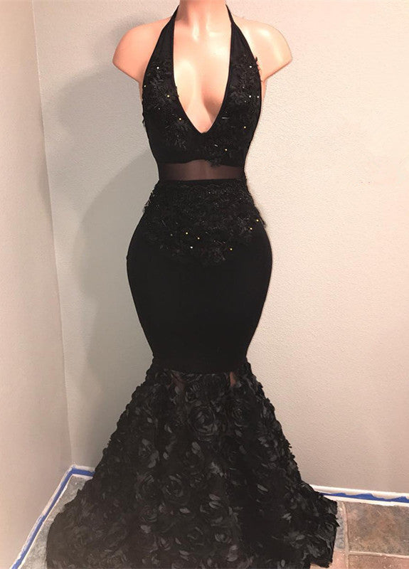 Find the Black V-Neck New Arrival Prom Party Gowns| Mermaid Evening Gown With Flowers Bottom at lowest price and top quality at Ballbella,  free shipping & free customizing,  check out today.