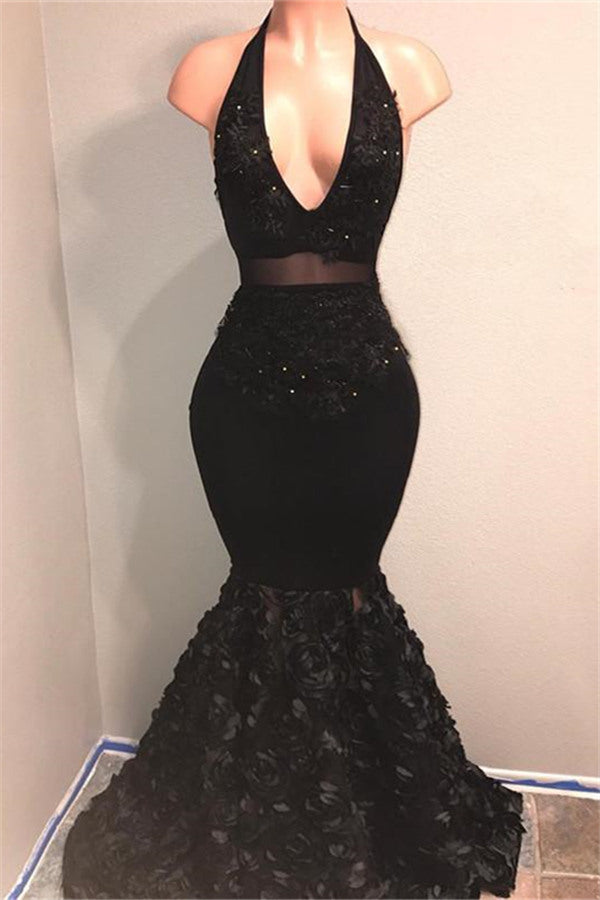 Black V-Neck Prom Party Gowns| Mermaid Evening Gown With Flowers Bottom-Ballbella